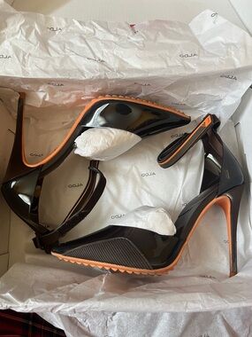 Aldo Black Patent Leather Pointed-Toe Stiletto Heels with Orange Trim